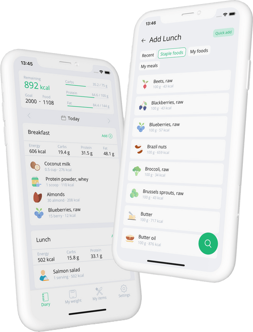 Food diary and food logging screens